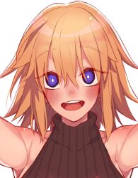 Rule 34 | 1girl, bare shoulders, black sweater, blonde hair, blue eyes, blush, breasts, fate/grand order, fate (series), highres, jeanne d&#039;arc (fate), jeanne d&#039;arc (ruler) (fate), large breasts, long hair, looking at viewer, mitsurugi sugar, open mouth, ribbed sweater, sleeveless, sleeveless turtleneck, smile, solo, sweater, turtleneck, turtleneck sweater