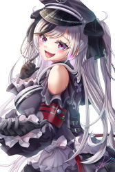 Rule 34 | 1girl, azur lane, bare shoulders, black dress, black gloves, black hair, black hat, breasts, clothing cutout, dress, ear piercing, elbe (azur lane), fang, frilled dress, frills, from side, gloves, hat, highres, layered dress, looking at viewer, looking to the side, medium breasts, multicolored hair, open mouth, peaked cap, piercing, purple eyes, shoulder cutout, silver hair, simple background, skin fang, solo, streaked hair, two-tone hair, white background, yam (yam6056)