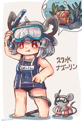 Rule 34 | 1girl, alternate costume, animal ear fluff, animal ears, blue one-piece swimsuit, blush, commentary request, full body, grey hair, highres, innertube, mame komari, mouse (animal), mouse ears, mouse girl, mouse tail, name tag, nazrin, one-hour drawing challenge, one-piece swimsuit, open mouth, red eyes, short hair, smile, snorkel, solo, standing, swim ring, swimsuit, tail, touhou, treasure chest