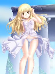 Rule 34 | 1girl, blonde hair, glasses, highres, long hair, looking at viewer, mushoku no hourousha, panties, perrine h. clostermann, ribbon, smile, solo, strike witches, underwear, white panties, world witches series, yellow eyes