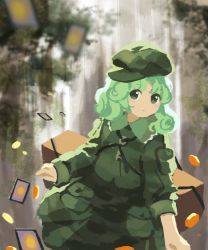 Rule 34 | 1girl, backpack, bag, camouflage, camouflage headwear, camouflage shirt, camouflage skirt, coin, green eyes, green hair, green hat, green shirt, green skirt, hat, highres, kaigen 1025, key, long sleeves, no lineart, parted lips, pocket, shirt, short hair, skirt, solo, touhou, upper body, yamashiro takane