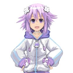 Rule 34 | 10s, 1girl, d-pad, hair ornament, hands on own hips, highres, hood, hoodie, kmd, looking at viewer, md5 mismatch, neptune (neptunia), neptune (series), open mouth, purple eyes, purple hair, smile, solo