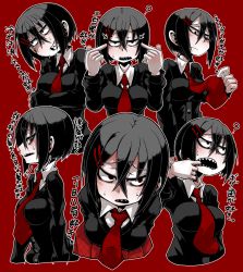 Rule 34 | 1girl, ?, ayame hashinimasen, bags under eyes, black hair, blush, double middle finger, female focus, hair between eyes, hair ornament, hairclip, middle finger, mouth pull, multiple views, necktie, open mouth, original, red background, red eyes, red neckwear, red skirt, shaded face, sharp teeth, short hair, simple background, skirt, sweat, teeth