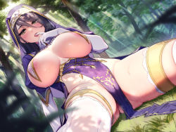 Rule 34 | 1girl, ass, black hair, breast curtains, breasts, cleft of venus, cleric, covered erect nipples, dripping, drooling, finger in own mouth, forest, gloves, gluteal fold, headdress, large breasts, looking at viewer, nature, naughty face, nun, ogre (illustogre), original, outdoors, pelvic curtain, revealing clothes, saliva, saliva trail, sitting, skindentation, solo, spread legs, sweat, sweatdrop, thick thighs, thigh strap, thighhighs, thighs, underboob, white gloves, white thighhighs, yellow eyes
