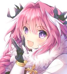 Rule 34 | 1boy, astolfo (fate), bow, cape, fate/apocrypha, fate/grand order, fate (series), fur trim, gauntlets, goshipiumu, hair bow, hair intakes, looking at viewer, male focus, multicolored hair, simple background, smile, solo, streaked hair, upper body, v, white background