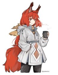 Rule 34 | 1girl, animal ears, arknights, brown eyes, closed mouth, coat, commentary request, cropped legs, cup, flametail (arknights), hand up, highres, holding, holding cup, looking to the side, mechanical owl, red hair, simple background, smile, solo, squirrel ears, squirrel girl, squirrel tail, tail, twitter username, upper body, white background, winter clothes
