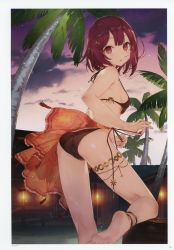 Rule 34 | 1girl, absurdres, anklet, ass, atelier (series), atelier sophie, barefoot, beach, bikini, blush, breasts, brown eyes, brown hair, evening, feet, highres, jewelry, looking at viewer, medium breasts, noco (adamas), official art, orange sky, outdoors, palm tree, parted lips, scan, short hair, sky, smile, soles, solo, sophie neuenmuller, swimsuit, tree