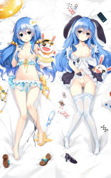 Rule 34 | 1girl, animal ears, bare legs, blue eyes, blue hair, breasts, card, cellphone, clothes pull, dakimakura (medium), date a live, hair between eyes, hair ornament, highres, long hair, looking at viewer, lying, multiple views, navel, nipples, on back, on bed, pantyhose, pantyhose pull, phone, pussy, shoes, unworn shoes, small breasts, smartphone, spread pussy, touxing no diluka, white pantyhose, yoshino (date a live), yoshinon
