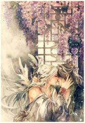 Rule 34 | 1boy, 1girl, bad deviantart id, bad id, banp, black hair, bug, butterfly, couple, feather hair ornament, feathers, flower, hair ornament, hetero, imminent kiss, insect, jewelry, long hair, necklace, original, paint splatter, painting (medium), profile, traditional media, watercolor (medium), watermark, white hair