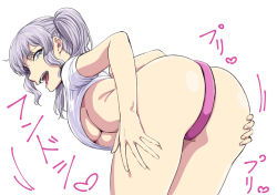 Rule 34 | 1girl, :d, ass, bad face, bent over, breasts, commentary request, grey hair, ishii hisao, kantai collection, kashima (kancolle), large breasts, looking at viewer, looking back, open mouth, shirt, smile, solo, twintails, underboob, white background, white shirt