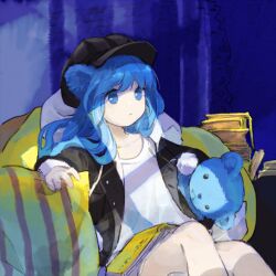 Rule 34 | 1girl, animal ears, bear ears, bear girl, black hat, black jacket, blue eyes, blue hair, book, book on lap, book stack, character request, closed mouth, commentary request, copyright request, flat chest, hat, highres, holding, holding stuffed toy, indoors, jacket, kaigen 1025, long hair, open clothes, open jacket, pillow, shirt, sitting, solo, striped pillow, stuffed animal, stuffed toy, teddy bear, white shirt