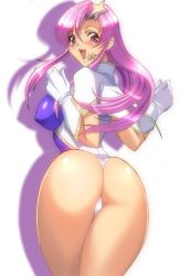 Rule 34 | 00s, 1girl, ass, blush, breasts, covered erect nipples, from behind, gloves, gundam, gundam seed, gundam seed destiny, hair ornament, headset, huge ass, large breasts, leotard, long hair, looking at viewer, looking back, meer campbell, open mouth, pink hair, purple eyes, shadow, shiny clothes, shiny skin, sideboob, smile, solo, star (symbol), star hair ornament, thong, thong leotard