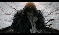 Rule 34 | 1boy, au (d elete), black hair, bug, butterfly, butterfly wings, crown, dark persona, fate/grand order, fate (series), highres, insect, insect wings, letterboxed, male focus, monochrome, oberon (fate), oberon (third ascension) (fate), smile, solo, spoilers, wings