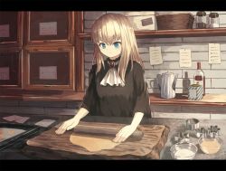 Rule 34 | 1girl, ascot, bad id, bad pixiv id, baking, baking sheet, black shirt, blonde hair, blue eyes, bottle, bowl, brick wall, brooch, commentary request, cookie cutter, counter, dough, expressionless, highres, jewelry, kitchen, letterboxed, long hair, looking down, ookashippo, original, paper, pepper shaker, rolling pin, salt shaker, shelf, shirt, sleeves past elbows, solo, standing, teapot, upper body, very long hair, white ascot, wine bottle