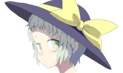 Rule 34 | 1girl, alternate hair length, alternate hairstyle, bow, expressionless, eyebrows, from side, green eyes, green hair, hat, hat bow, ishikkoro, komeiji koishi, looking at viewer, looking to the side, matching hair/eyes, portrait, simple background, solo, touhou, white background