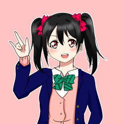 Rule 34 | 1girl, artist name, artist request, black hair, blue jacket, blush, bow, bowtie, cardigan, collared shirt, female focus, green bow, green bowtie, hair bow, highres, jacket, long sleeves, looking at viewer, love live!, love live! school idol project, nico nico nii, nicole (pixiv9575530), otonokizaka school uniform, parted lips, pink background, pink cardigan, pink shirt, red bow, red eyes, school uniform, shirt, short hair, smile, solo, striped bow, striped bowtie, striped clothes, twintails, yazawa nico