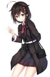 Rule 34 | 1girl, ahoge, arm behind back, bag, belt, belt buckle, black coat, black skirt, blue eyes, blush, braid, brown hair, buckle, buttons, closed mouth, coat, cowboy shot, hair between eyes, hair flaps, hair ornament, hair over shoulder, hairpin, highres, kantai collection, leaning forward, long hair, long sleeves, miniskirt, necktie, official alternate costume, pleated skirt, red necktie, shigure (kancolle), shigure kai ni (kancolle), shoulder bag, simple background, single braid, skirt, smile, solo, standing, tareme, v, white background, ym (distance819)