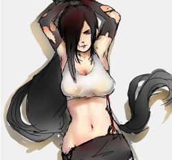 Rule 34 | 1990s (style), 1girl, arms up, beaten, black hair, brown eyes, final fantasy, final fantasy vii, hair over one eye, injury, long hair, looking at viewer, lying, midriff, navel, on back, restrained, solo, suspenders, tifa lockhart, torn clothes, very long hair