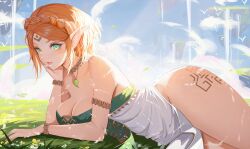 Rule 34 | 1girl, armlet, blonde hair, blue sky, braid, breasts, cleavage, cowboy shot, crown braid, day, dress, green eyes, highres, jewelry, looking at viewer, lying, medium breasts, neo (neorarty3), nintendo, orange hair, outdoors, parted lips, pointy ears, princess zelda, short hair, sky, solo, strapless, strapless dress, the legend of zelda, the legend of zelda: tears of the kingdom, thighs