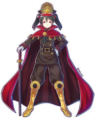 Rule 34 | 1girl, belt, black hair, cape, cosplay, crest, family crest, fate/grand order, fate (series), full body, hand on own hip, hat, japanese clothes, kelinch1, koha-ace, long hair, looking at viewer, love live!, love live! school idol project, military, military uniform, oda nobunaga (fate), oda nobunaga (fate) (cosplay), oda nobunaga (koha-ace), peaked cap, red eyes, sheath, sheathed, smile, solo, sword, twitter username, uniform, weapon, white background, yazawa nico