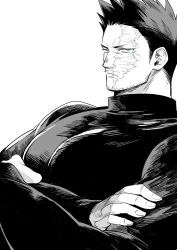 Rule 34 | 1boy, 2elu2, alternate costume, bara, blue eyes, boku no hero academia, crossed arms, endeavor (boku no hero academia), facial hair, frown, greyscale, large pectorals, looking at viewer, male focus, mature male, monochrome, muscular, muscular male, pectoral lift, pectorals, short hair, sideburns, solo, source request, spiked hair, spot color, stubble, upper body
