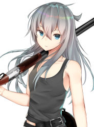 Rule 34 | 10s, 1girl, aged up, ahoge, alternate costume, belt, belt buckle, blue eyes, buckle, collarbone, double-barreled shotgun, double barrels, flat chest, gun, hair between eyes, hibiki (kancolle), highres, holding, holding weapon, ikashun, kantai collection, long hair, looking at viewer, midriff, multiple-barrel firearm, over-and-under-barreled shotgun, parted lips, shotgun, shoulder rest, silver hair, solo, tank top, upper body, verniy (kancolle), weapon
