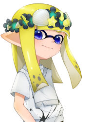 Rule 34 | 1girl, absurdres, blonde hair, blue eyes, closed mouth, commentary request, head wreath, highres, inkling, inkling girl, inkling player character, long hair, nintendo, paint, pointy ears, shirt, simple background, smile, solo, splatoon (series), splatoon 3, standing, sushizanmai0524, tentacle hair, upper body, white background, white shirt