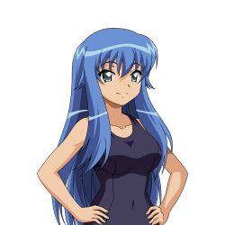Rule 34 | 1girl, blue hair, breasts, covered navel, green eyes, hands on own hips, highres, large breasts, long hair, looking at viewer, official art, one-piece swimsuit, solo, swimsuit, sylpheed, zero no tsukaima, zero no tsukaima: maigo no piriodo to ikusen no shinfoni