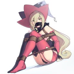 Rule 34 | 1girl, absurdres, black panties, blonde hair, bound, gagged, green eyes, hair between eyes, hat, highres, long hair, looking at viewer, lucine-chan, magilou (tales), multicolored clothes, multicolored hat, panties, pointy ears, simple background, solo, tales of (series), tales of berseria, thighhighs, underwear, very long hair, white background, witch hat