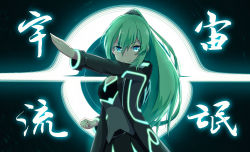 Rule 34 | &gt;:), 1girl, aqua eyes, backlighting, black jacket, black skirt, breasts, cleavage, clenched hand, closed mouth, dark background, destiny (game), glowing, green eyes, green hair, hair between eyes, hair ornament, hand up, henshin pose, high ponytail, highres, jacket, kamen rider, kamen rider 555, kuroda kuwa, long hair, long sleeves, looking at viewer, neon trim, original, outstretched arm, pleated skirt, ponytail, skirt, smile, solo, standing, upper body, v-shaped eyebrows