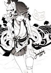 Rule 34 | 1boy, absurdres, bed sheet, bell, blush, greyscale, hair between eyes, hand on own leg, hand on own thigh, hannya (onmyoji), hannya mask, haori, highres, horned mask, japanese clothes, kimono, long sleeves, looking at viewer, looking up, male focus, mask, mask on head, monochrome, moto mitsuashi, obi, on bed, onmyoji, ponytail, sash, short hair, sitting, skirt, snake, solo, tagme, thigh bands, tongue, tongue out, trap