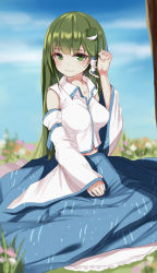 Rule 34 | 1girl, absurdres, anhao, bare shoulders, blue sky, breasts, cloud, cloudy sky, collarbone, day, detached sleeves, dress, eyebrows, fingernails, flower, frilled skirt, frills, frog hair ornament, grass, green eyes, green hair, hair ornament, hair tubes, hand to head, hand up, highres, kochiya sanae, large breasts, long fingernails, long hair, long sleeves, looking at viewer, matching hair/eyes, plant, shirt, sitting, skirt, skirt set, sky, sleeveless, sleeveless shirt, sleeves past wrists, snake hair ornament, solo, touhou, white shirt, wide sleeves