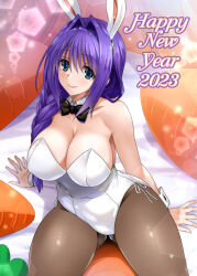 Rule 34 | 1girl, 2023, animal ears, bare shoulders, black pantyhose, blue eyes, braid, braided ponytail, breasts, carrot, chinese zodiac, cleavage, closed mouth, covered erect nipples, curvy, detached collar, happy new year, highres, kanon, large breasts, leotard, long hair, looking at viewer, mature female, minase akiko, mitarashi kousei, new year, pantyhose, playboy bunny, purple hair, rabbit ears, sitting, smile, solo, thick thighs, thighs, white leotard, wrist cuffs, year of the rabbit