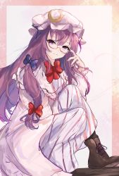 Rule 34 | 1girl, absurdres, adjusting eyewear, blue bow, boots, bow, bowtie, brown footwear, closed mouth, crescent, crescent pin, dress, glasses, hair bow, hand on eyewear, hat, highres, long hair, looking at viewer, mob cap, multiple bows, orchid (orukido), patchouli knowledge, purple dress, purple eyes, purple hair, red-framed eyewear, red bow, red bowtie, semi-rimless eyewear, sitting, solo, striped clothes, striped dress, touhou, under-rim eyewear, white hat