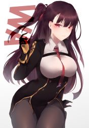 Rule 34 | 1girl, absurdres, allze, arm under breasts, black skirt, blazer, blush, breasts, brown pantyhose, character name, commentary, girls&#039; frontline, gloves, hair ribbon, half updo, high-waist skirt, highres, jacket, large breasts, long hair, looking at viewer, necktie, one side up, pantyhose, purple hair, red eyes, red necktie, ribbon, shirt, simple background, skirt, solo, sweatdrop, thighband pantyhose, tsundere, very long hair, wa2000 (girls&#039; frontline), white background