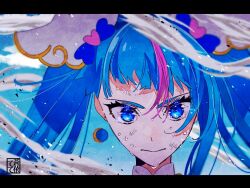 Rule 34 | 1girl, aoi tete, artist logo, blue eyes, blue hair, blue sky, closed mouth, cloud, cloudy sky, commentary, cure sky, cut bangs, day, earrings, frown, highres, hirogaru sky! precure, jewelry, letterboxed, long hair, looking at viewer, magical girl, multicolored hair, outdoors, pink hair, precure, single sidelock, sky, smoke, solo, sora harewataru, streaked hair, sweat, twintails, wind, wing hair ornament