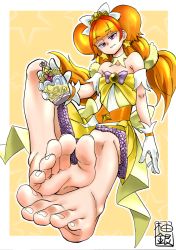 Rule 34 | 1girl, amanogawa kirara, barefoot, cure twinkle, earrings, feet, feet together, foot focus, gloves, go! princess precure, jewelry, magical girl, multicolored hair, orange hair, precure, red hair, simple background, star (symbol), toes, twintails, yuzu gin (pika97)