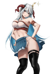Rule 34 | 1girl, absurdres, alternate costume, annoyed, armpits, bare arms, bare shoulders, black thighhighs, blue hair, blue skirt, breasts, cheerleader, commission, commissioner upload, crop top, curled horns, fire emblem, fire emblem heroes, freyja (fire emblem), furrowed brow, goat, goat horns, hair ornament, hand on own hip, highres, horns, large breasts, long hair, midriff, miniskirt, multicolored hair, navel, nintendo, open mouth, panties, panty peek, pantyshot, pleated skirt, red eyes, red horns, side slit, skindentation, skirt, solo, standing, thighhighs, thighs, two-tone hair, underwear, white hair, white panties, zulh00n