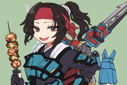 Rule 34 | 1girl, animification, apex legends, black eyes, black gloves, black hair, black kimono, brown eyes, cloud marauder valkyrie, eyeshadow, food, gloves, green background, hairband, holding, holding stick, japanese clothes, jetpack, kebab, kimono, makeup, official alternate costume, open mouth, parted bangs, partially fingerless gloves, ponytail, red eyeshadow, red hairband, riku (ururi7610), smile, solo, stick, valkyrie (apex legends)