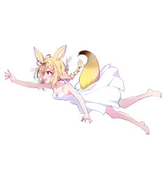 Rule 34 | 1girl, absurdres, alternate costume, alternate hairstyle, animal ear fluff, animal ears, bare shoulders, barefoot, black hair, blonde hair, blue nails, blush, braid, breasts, dress, epilogue in the attic (hololive), floating hair, fox ears, fox girl, fox tail, full body, heart, heart-shaped pupils, highres, hololive, ichijo rei, medium breasts, medium hair, multicolored hair, nail polish, official art, omaru polka, open mouth, outstretched arm, pink hair, purple eyes, sidelocks, sideways, simple background, sleeveless, sleeveless dress, smile, solo, spaghetti strap, streaked hair, symbol-shaped pupils, tachi-e, tail, toenail polish, toenails, twin braids, twintails, virtual youtuber, white background, white dress
