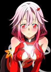 Rule 34 | 10s, 1girl, bare shoulders, blush, breasts, center opening, cleavage, detached sleeves, elbow gloves, fingerless gloves, gloves, guilty crown, hair ornament, hairclip, hand on own chest, highres, looking at viewer, navel, pink hair, red eyes, sarina (tosiyukiryousuke), solo, twintails, yuzuriha inori