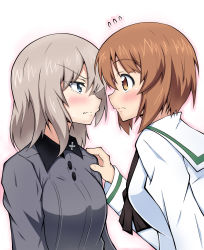 Rule 34 | 2girls, black neckerchief, blouse, blue eyes, blush, brown eyes, brown hair, closed mouth, commentary request, dress shirt, face-to-face, flying sweatdrops, frown, girls und panzer, grey shirt, hand on another&#039;s shoulder, heiden, highres, insignia, itsumi erika, kuromorimine school uniform, long sleeves, looking at another, medium hair, multiple girls, neckerchief, nishizumi miho, ooarai school uniform, partial commentary, sailor collar, school uniform, serafuku, shirt, short hair, silver hair, simple background, sweatdrop, textless version, white background, white sailor collar, white shirt, wing collar, yuri