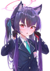 Rule 34 | 1girl, animal ear fluff, animal ears, black gloves, blue archive, blue jacket, blue necktie, blue ribbon, cat ears, cat girl, fang, gloves, hair between eyes, hair ribbon, half gloves, halo, hands up, highres, holding, holding own hair, jacket, long hair, long sleeves, looking at viewer, mg42cat-k1ng, necktie, open mouth, purple hair, red eyes, ribbon, serika (blue archive), simple background, solo, twintails, upper body, very long hair, white background