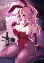 Rule 34 | 1girl, animal ears, bed, between breasts, bottle, breasts, cleavage, commentary request, covered navel, detached collar, elbow gloves, fishnet pantyhose, fishnets, gloves, hair over one eye, heart, heart-shaped pupils, highres, lamp, large breasts, leotard, long bangs, long hair, namamii, necktie, original, pantyhose, pillow, pink hair, playboy bunny, rabbit ears, rabbit tail, red eyes, red gloves, red leotard, red necktie, sitting, solo, strapless, strapless leotard, symbol-shaped pupils, tail, twintails, wariza, wine bottle, wrist cuffs