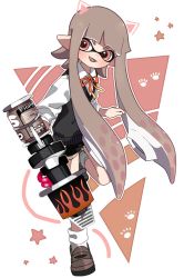 Rule 34 | 1girl, bad id, bad twitter id, black footwear, black shorts, black sweater, blaster (splatoon), blunt bangs, brown eyes, commentary, dress shirt, fang, full body, grey hair, holding, holding weapon, inkling, inkling girl, inkling player character, leg up, loafers, long hair, looking at viewer, maco spl, neck ribbon, nintendo, open mouth, paw print, pointy ears, red ribbon, ribbon, shirt, shoes, shorts, smirk, socks, solo, splatoon (series), splatoon 1, standing, standing on one leg, star (symbol), star print, sweater, sweater vest, tentacle hair, triangle, v-shaped eyebrows, weapon, white shirt, white socks, wing collar