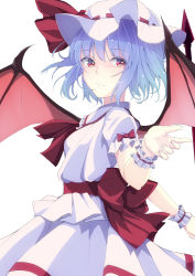 Rule 34 | 1girl, 96tuki, ascot, bat wings, blue hair, bow, dress, frilled shirt, frilled shirt collar, frilled sleeves, frills, hat, hat ribbon, looking to the side, mob cap, polearm, puffy short sleeves, puffy sleeves, red bow, red eyes, red ribbon, remilia scarlet, ribbon, sash, shirt, short hair, short sleeves, solo, spear, spear the gungnir, touhou, weapon, white dress, wings, wrist cuffs