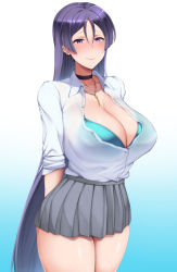 Rule 34 | 1girl, arms behind back, blue background, blue bra, blush, bra, breasts, center opening, choker, cleavage, closed mouth, collarbone, collared shirt, contemporary, dantes ward, dress shirt, fate/grand order, fate (series), gradient background, grey skirt, highres, jewelry, large breasts, long hair, long sleeves, looking at viewer, minamoto no raikou (fate), miniskirt, necklace, parted bangs, purple eyes, purple hair, shirt, skirt, sleeves rolled up, smile, thighs, underwear, very long hair, white shirt
