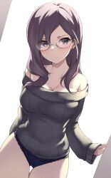 Rule 34 | 1girl, bare shoulders, blue panties, blush, breasts, brown hair, cleavage, closed mouth, collarbone, cowboy shot, dutch angle, earrings, glasses, grey-framed eyewear, grey sweater, highres, idolmaster, idolmaster cinderella girls, idolmaster cinderella girls starlight stage, jewelry, large breasts, long hair, long sleeves, looking at viewer, off-shoulder sweater, off shoulder, panties, pataneet, purple eyes, semi-rimless eyewear, simple background, solo, standing, sweater, underwear, white background, yagami makino