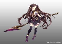 Rule 34 | 1girl, black bow, black skirt, black thighhighs, bow, breasts, brown eyes, brown hair, full body, gloves, gradient background, grey background, holding, holding weapon, long hair, looking at viewer, medium breasts, official art, polearm, puffy short sleeves, puffy sleeves, purple footwear, shoes, short sleeves, skirt, solo, spear, standing, thighhighs, two side up, very long hair, vixi c, watermark, weapon, web address