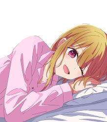 Rule 34 | 1girl, blonde hair, collared shirt, commentary, dress shirt, hair between eyes, highres, hoshino ruby, kusana (kusana47454281), long hair, long sleeves, looking at viewer, lying, no pupils, on bed, on side, one eye closed, open mouth, oshi no ko, pajamas, pillow, pink eyes, pink pajamas, pink shirt, shirt, sidelocks, simple background, solo, upper body, white background